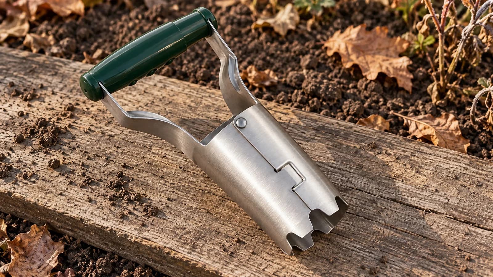 Transplantoir à tube en acier inoxydable vidé de sa terre, posé à plat sur une planche de bois sec, bord denté dégagé