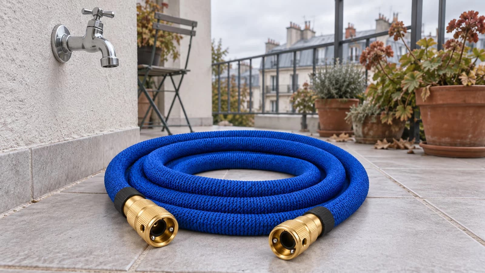 Tuyau extensible compact posé sur un balcon près de son robinet, les deux raccords métalliques visibles