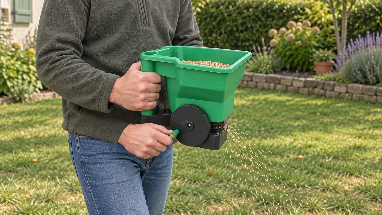 Épandeur à main vert utilisé pour semer une petite pelouse dans un jardin