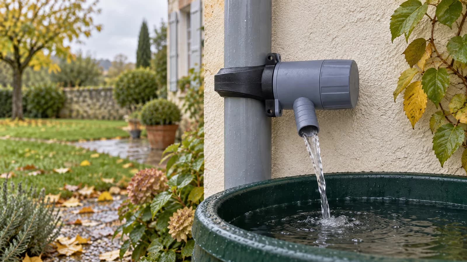 Collecteur gris fixé sur une descente de gouttière, sortie cannelée versant l'eau dans une réserve posée au pied du mur