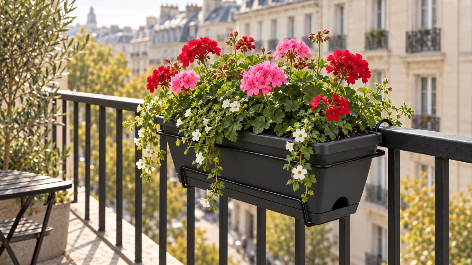 Jardinière noire garnie de géraniums et de pétunias posée sur la rambarde d'un balcon, au soleil du matin