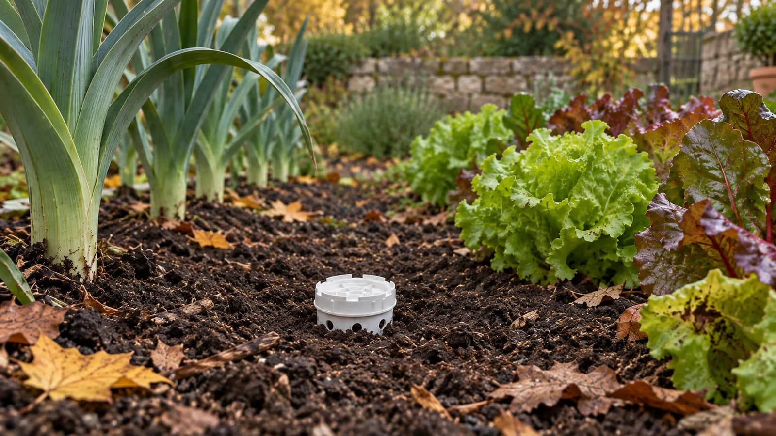Lombricomposteur extérieur installé au ras du sol entre deux cultures dans le potager