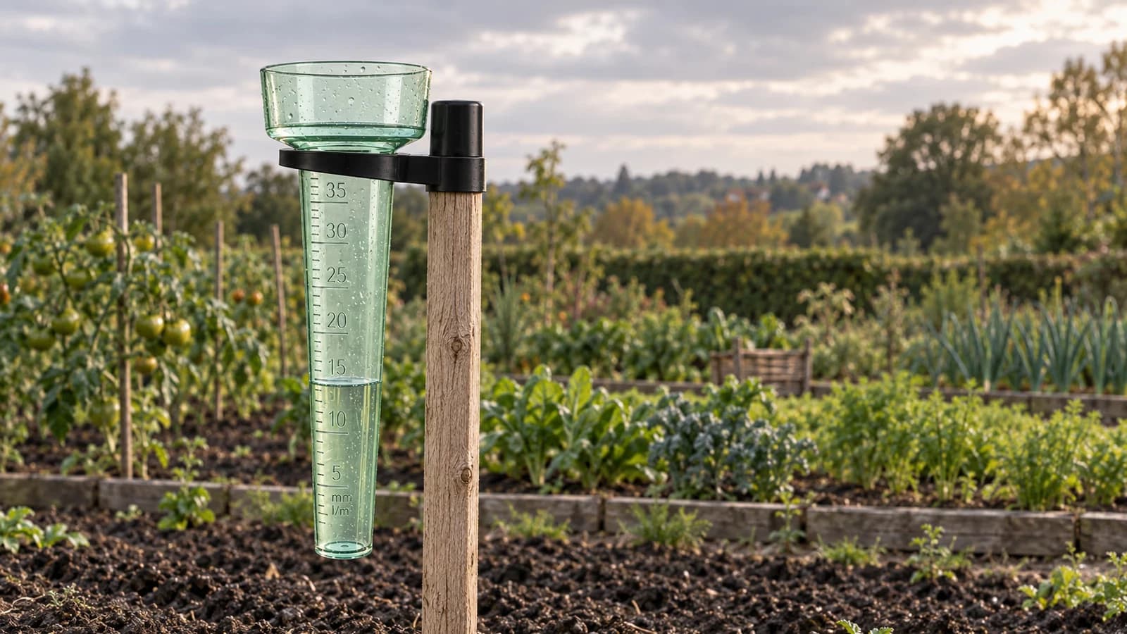 Pluviomètre de jardin gradué rempli d'eau après une averse, fixé sur un piquet dans un potager dégagé