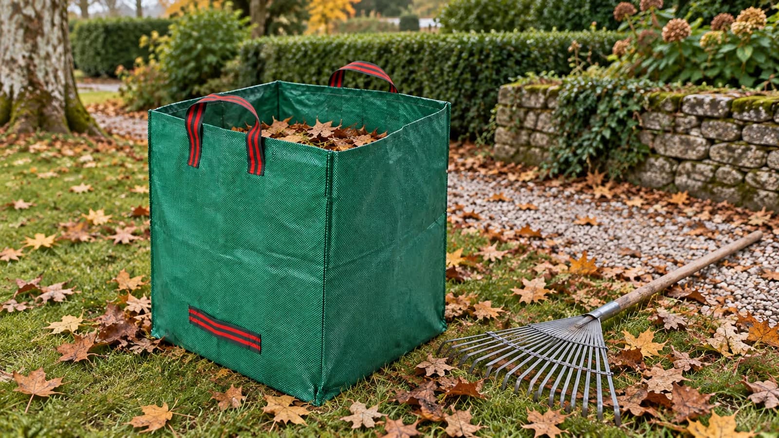 Sac de jardin pliable en toile tissée verte posé ouvert au bord d'une pelouse automnale, râteau posé à côté, feuilles mortes au sol autour