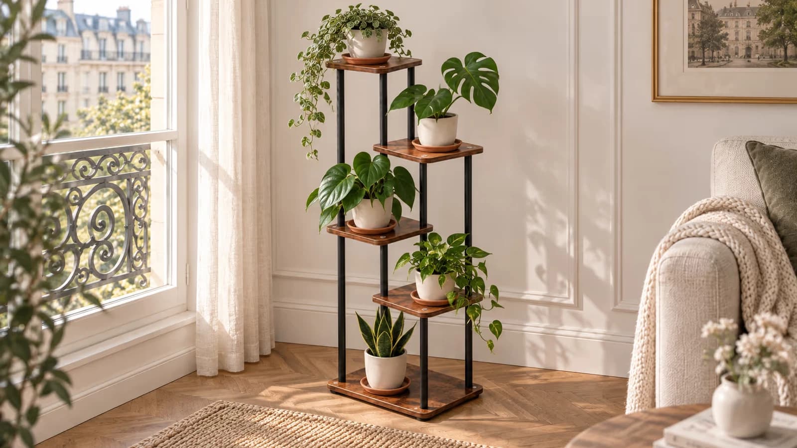 Étagère à plantes à cinq plateaux décalés en panneau de bois brun roux, montants métalliques noirs, contre un mur de salon clair