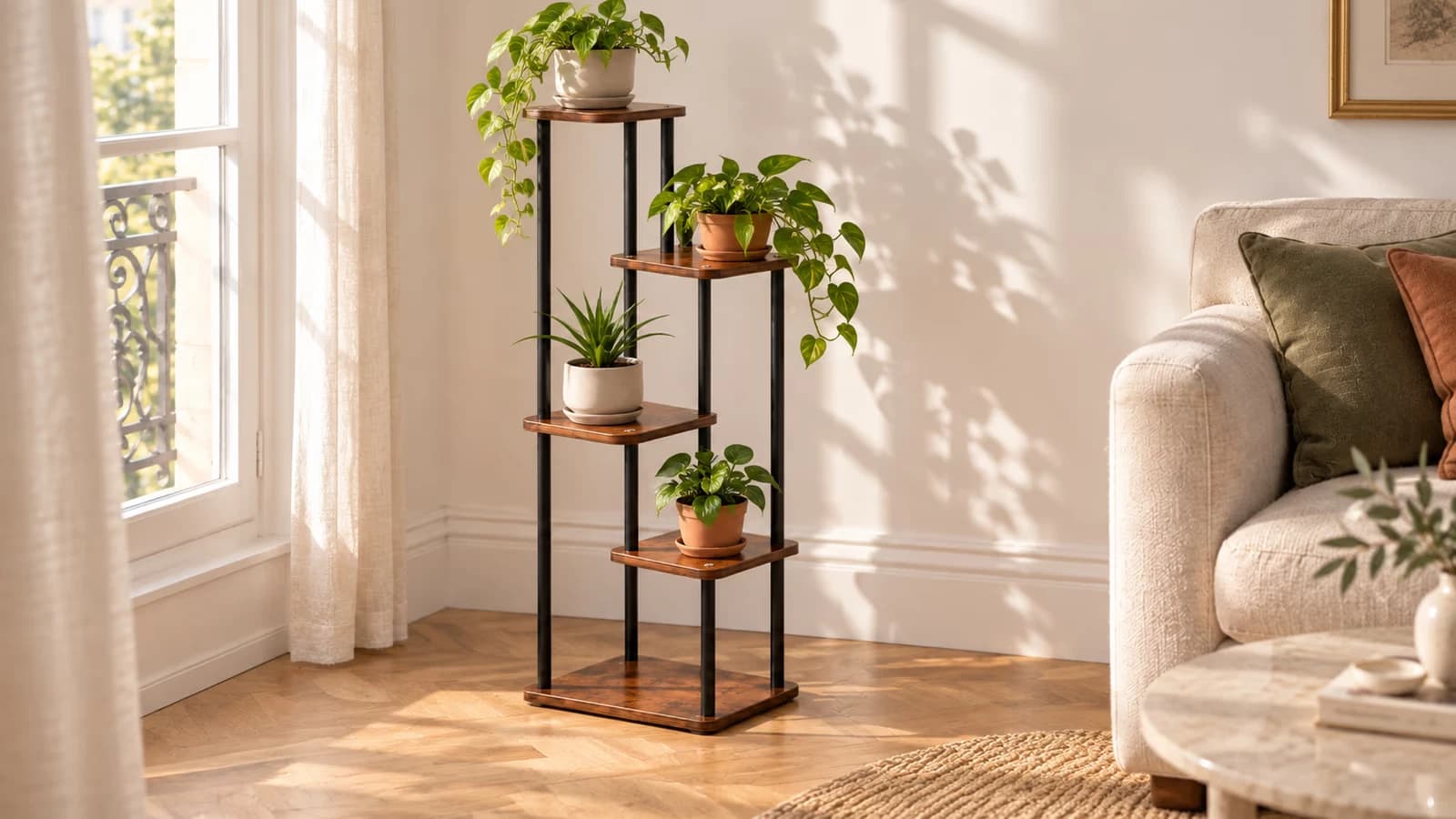 Étagère à plantes en escalier avec plateaux en bois brun et montants noirs devant un mur clair de salon