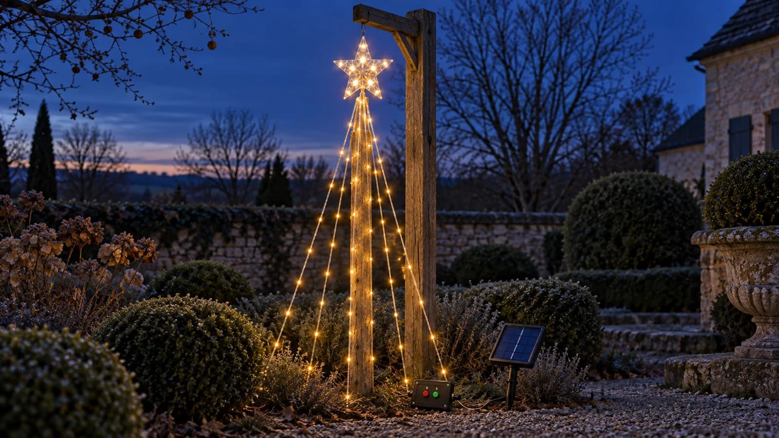 Étoile lumineuse solaire suspendue sur son support, ses neuf cascades allumées dans la pénombre bleue d'une fin d'après-midi de décembre