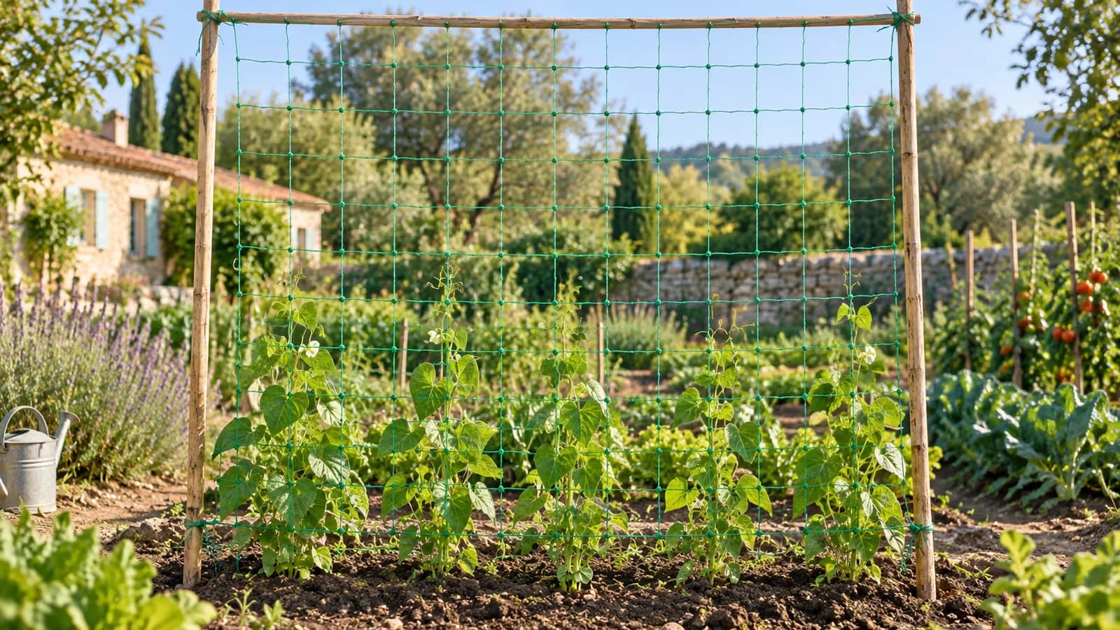 Filet de nylon vert tendu entre deux piquets de bois au-dessus d'un rang de haricots à rames dans un potager français
