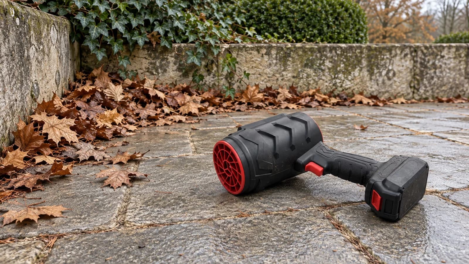 Terrasse dallée en automne, feuilles mortes tassées contre le pied du muret à l'ombre, souffleur compact posé sur la dalle