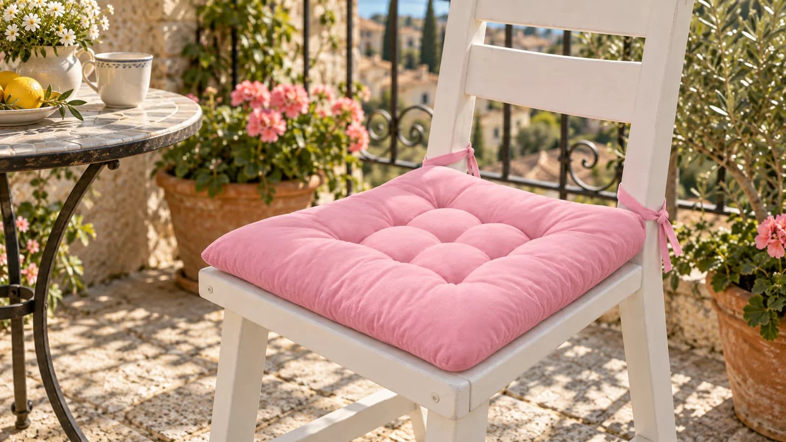 Coussin d'assise rose capitonné posé sur une chaise blanche, liens de tissu noués autour des montants arrière du dossier