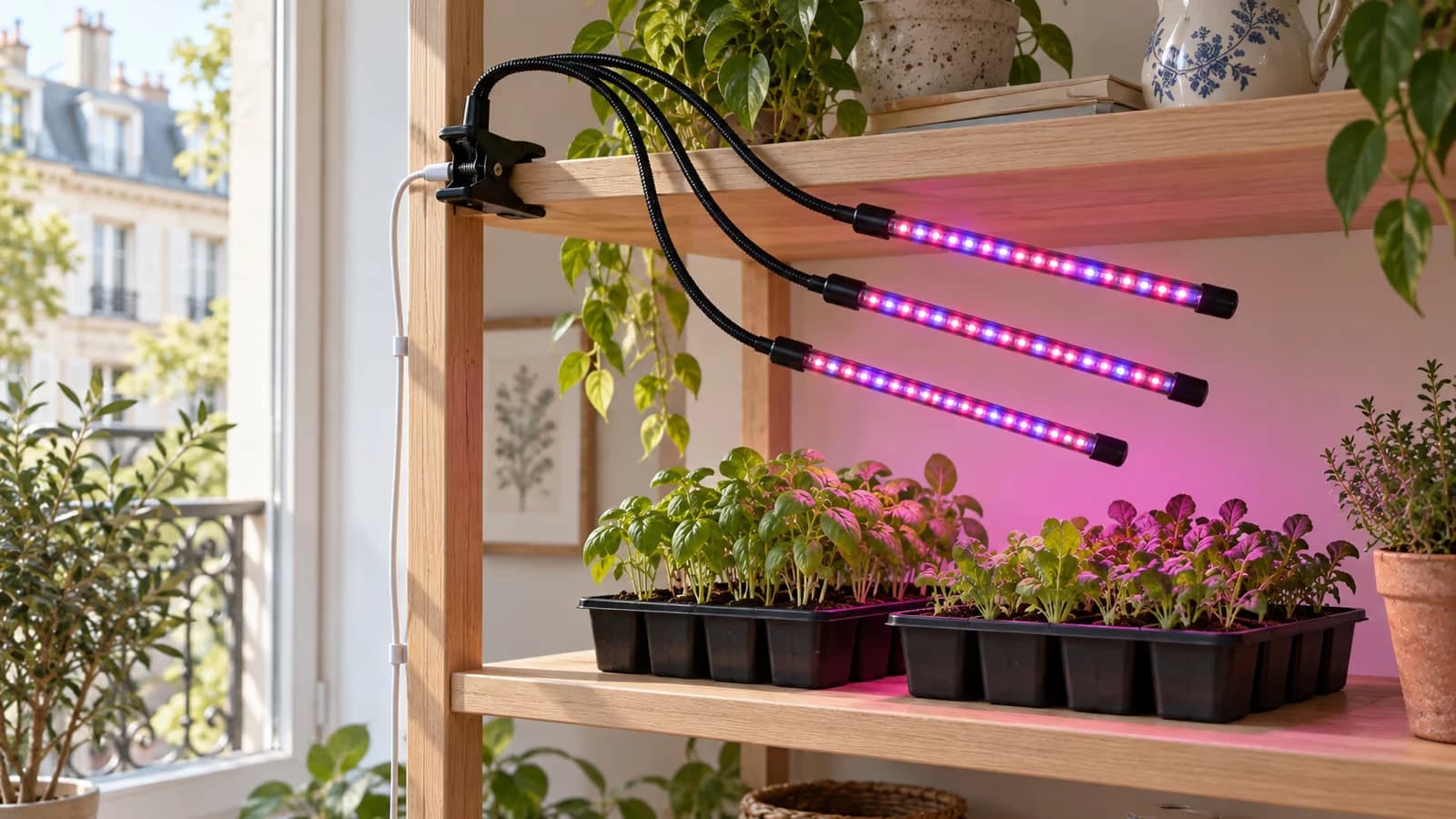 Lampe horticole à pince refermée sur la tablette haute d'une étagère en bois, trois tubes éclairant des godets de semis