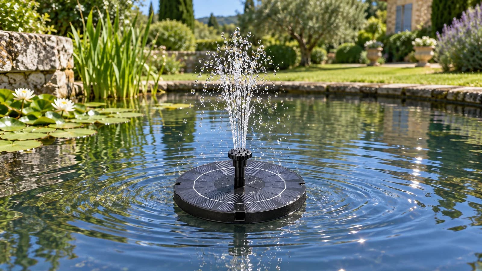 Fontaine solaire flottante au centre d'un bassin de jardin dégagé, jet fin éclairé par le soleil de midi