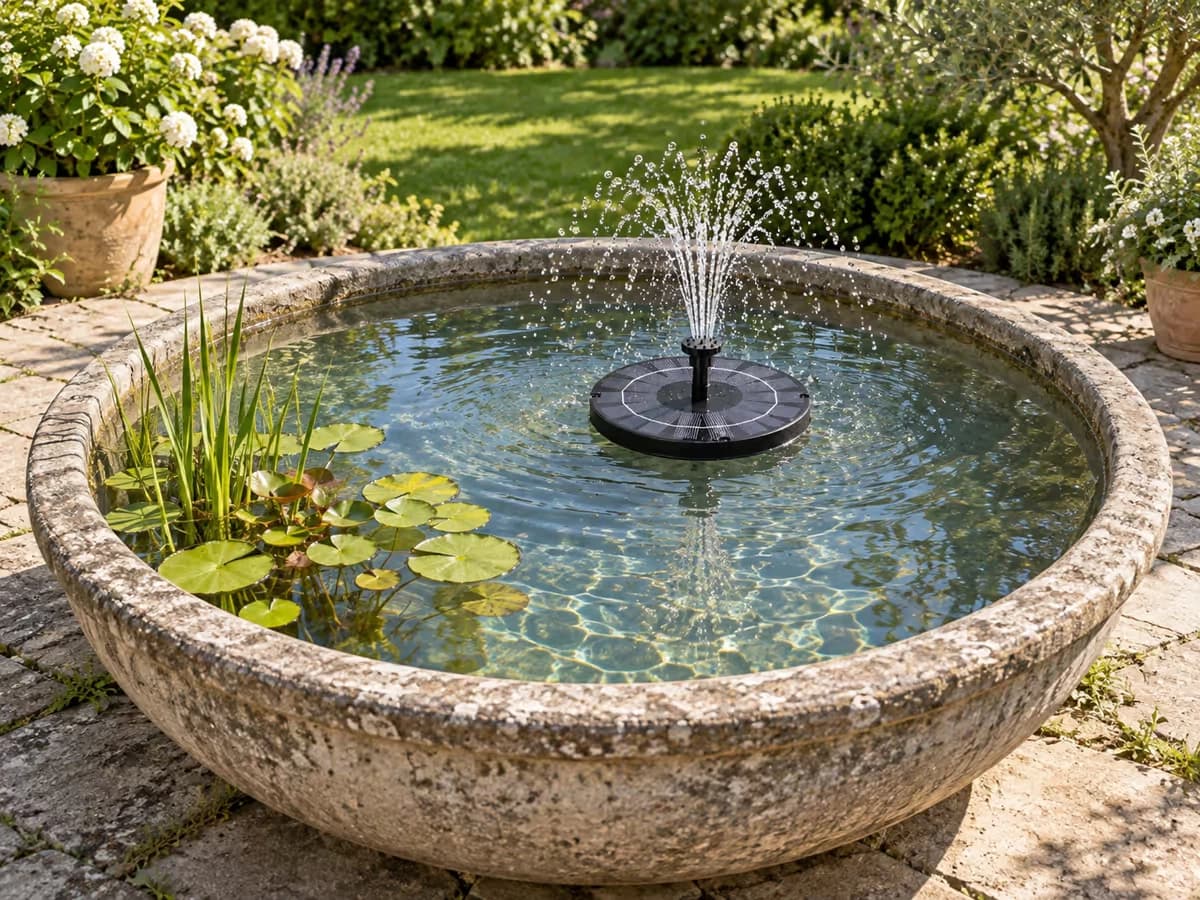 Fontaine solaire flottante décalée vers le fond d'un bassin rond, jet en couronne retombant entièrement dans l'eau