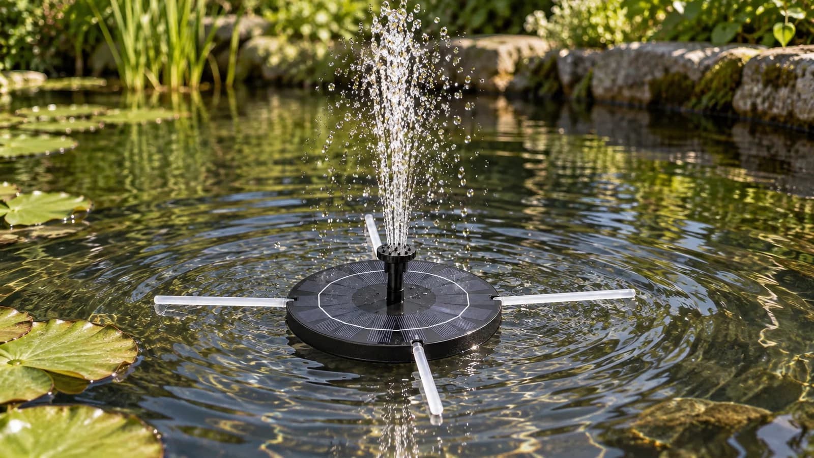 Disque flottant à couronne de cellules bleues au milieu d'un bassin calme, gerbe droite en plein soleil, nénuphars sur les bords