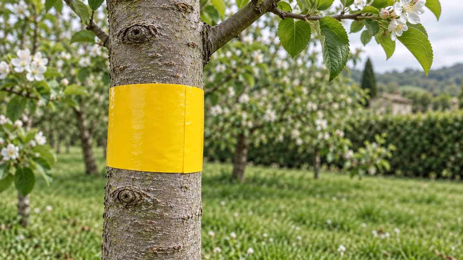 Tronc d'un jeune pommier entouré d'une bande collante jaune sous le point de greffe, verger au printemps