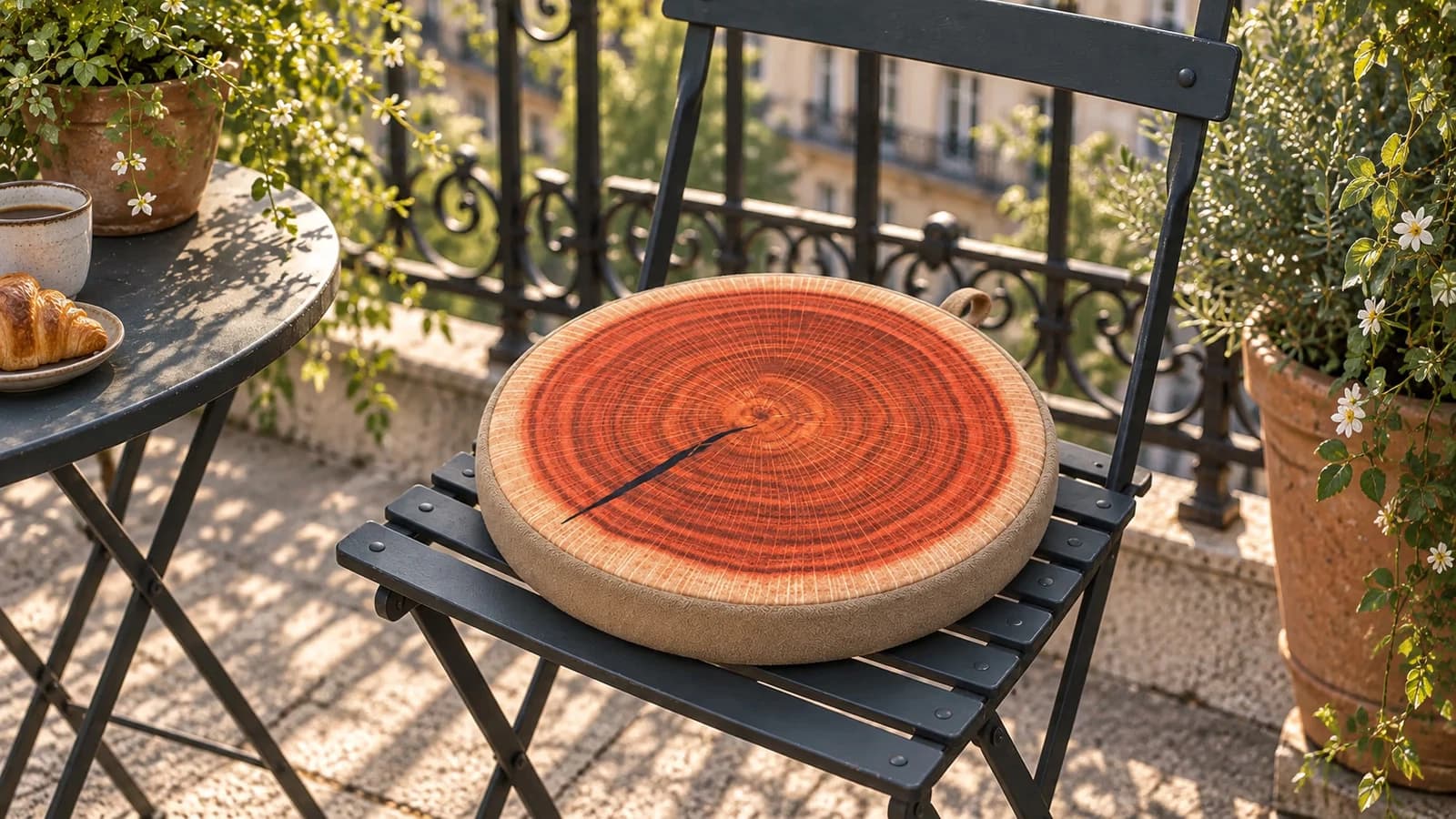 Galette de chaise ronde imprimée d'une tranche de bois posée au centre d'une chaise de balcon noire, lumière douce de matin