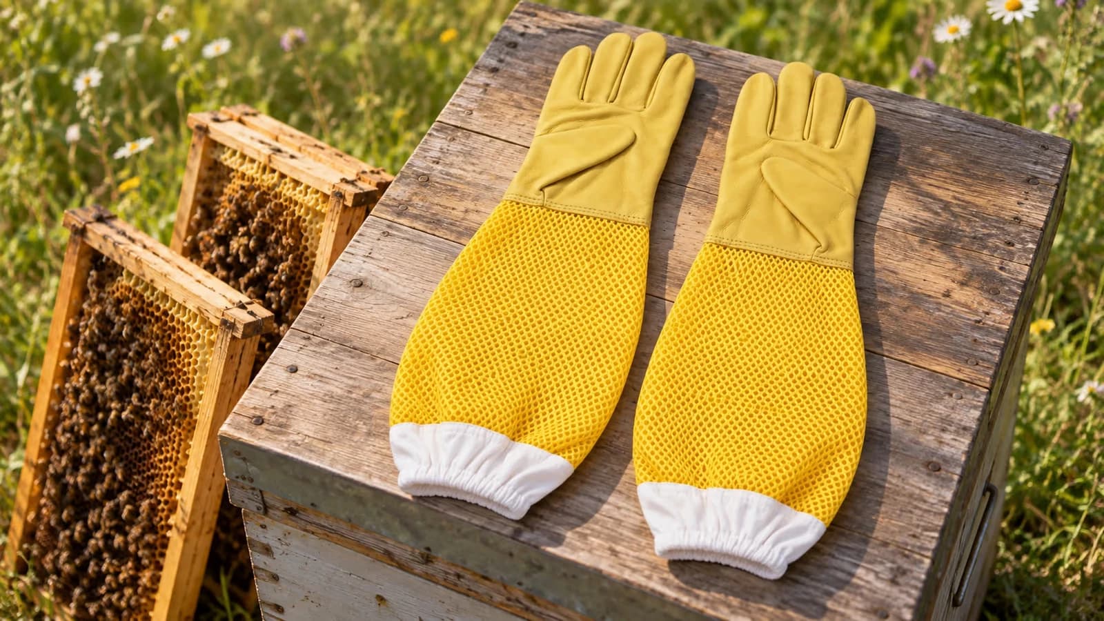 Paire de gants d'apiculteur jaunes à long manchon en filet étendue sur le couvercle d'une ruche en bois, au milieu d'un rucher ensoleillé