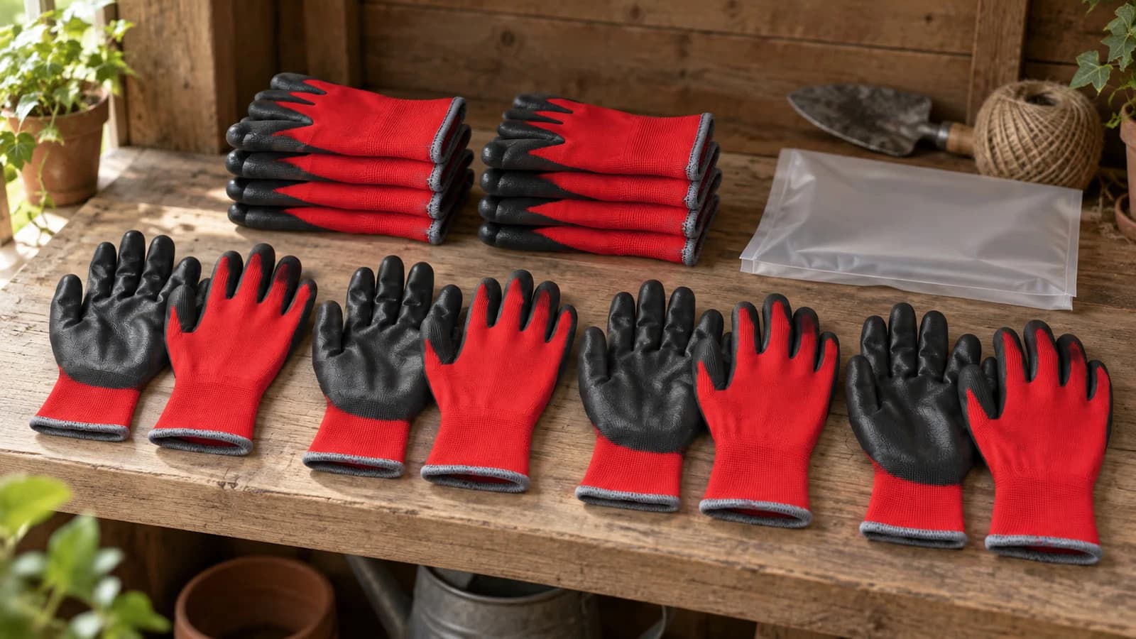 Sachet de douze paires de gants noirs à paume enduite posé sur une étagère fermée d'abri de jardin, lumière douce