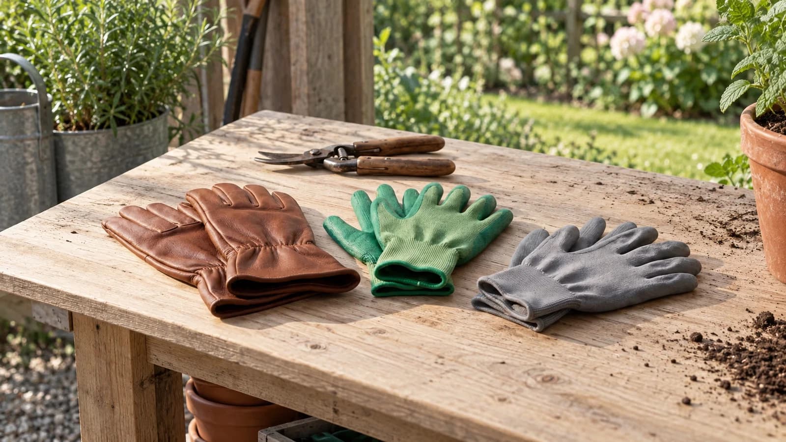 Trois paires de gants de jardinage cuir nitrile et coton enduit posées sur un établi bois clair avec sécateur