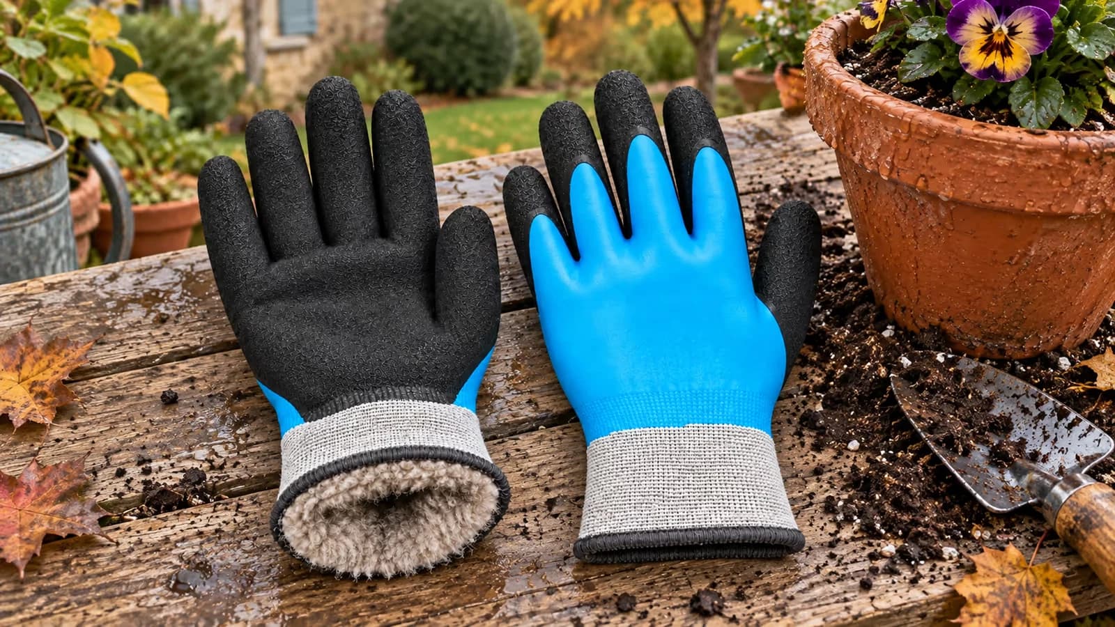 Paire de gants de jardinage fourrés bleus posés sur une table de rempotage en bois, doublure duveteuse visible au poignet, pot en terre cuite mouillé à côté
