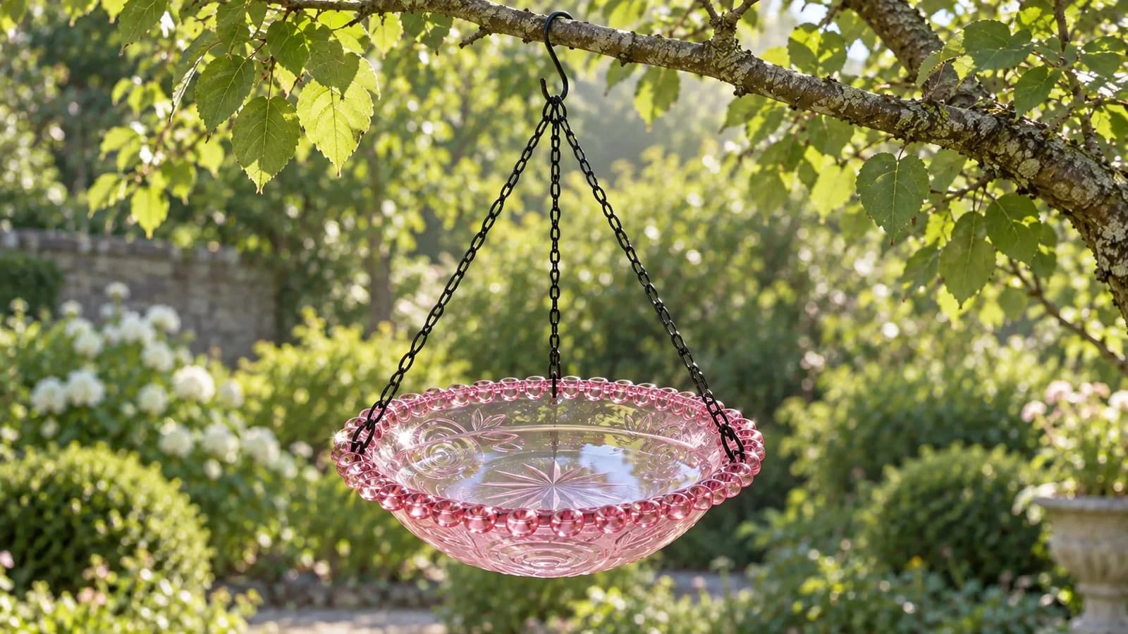 Coupelle translucide suspendue à trois chaînes fines, fond d'eau clair sans graines, bord festonné en corolle, lumière douce traversant le plastique