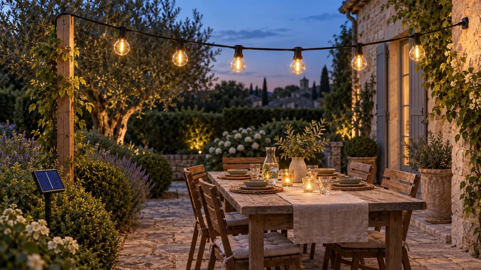 Guirlande guinguette à grosses ampoules tendue au-dessus d'une table de terrasse à la tombée du jour, panneau solaire sur piquet planté dans une bordure au premier plan