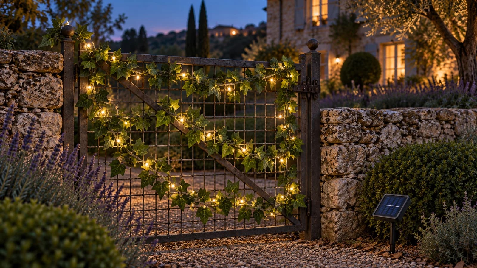 Guirlande de lierre artificiel aux feuilles nervurées enroulée en spires lâches sur le grillage d'un portail, LED blanc chaud allumées au crépuscule