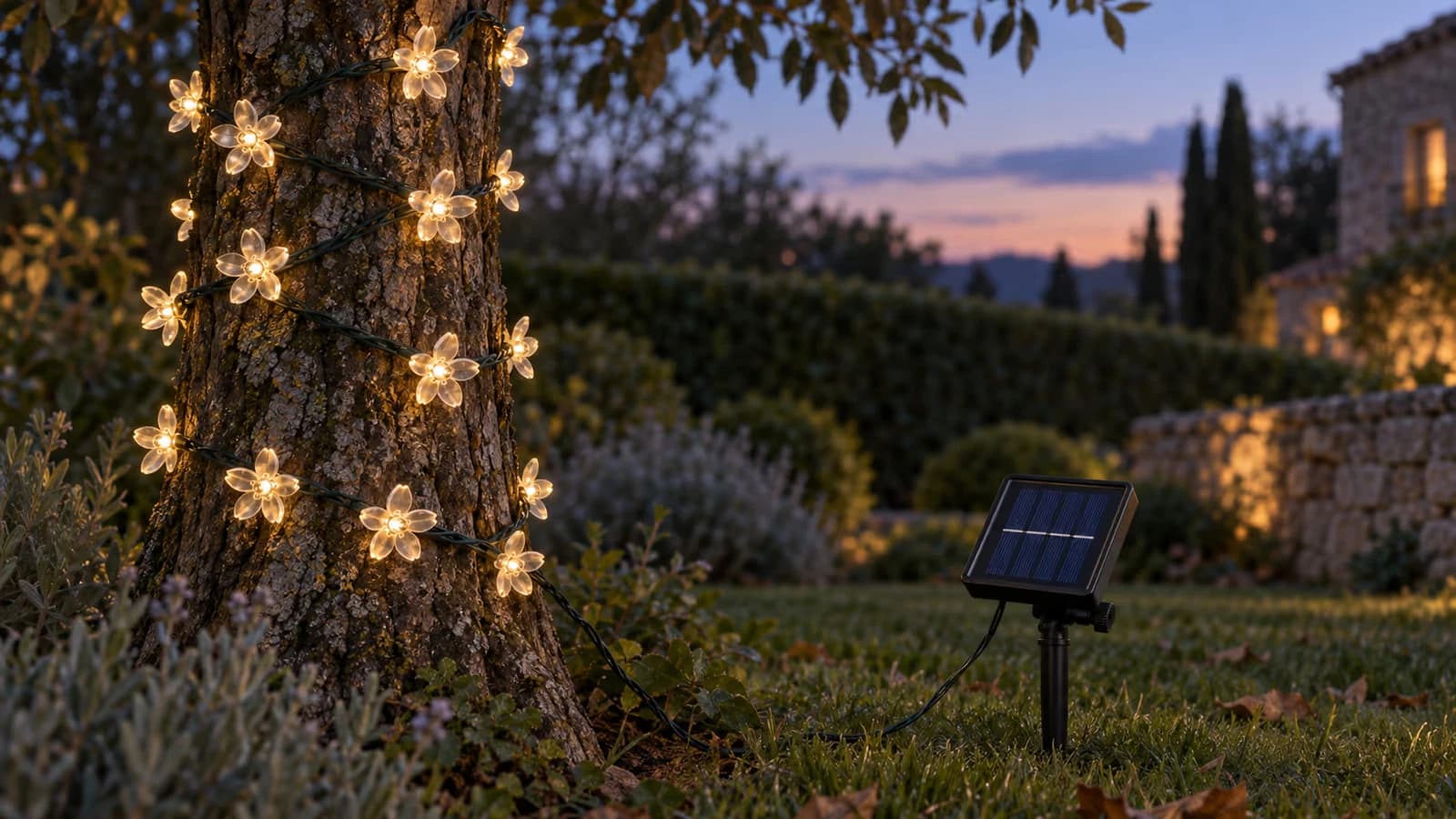 Rameaux de fleurs lumineuses enroulés autour d'un tronc au crépuscule, panneau solaire posé au sol