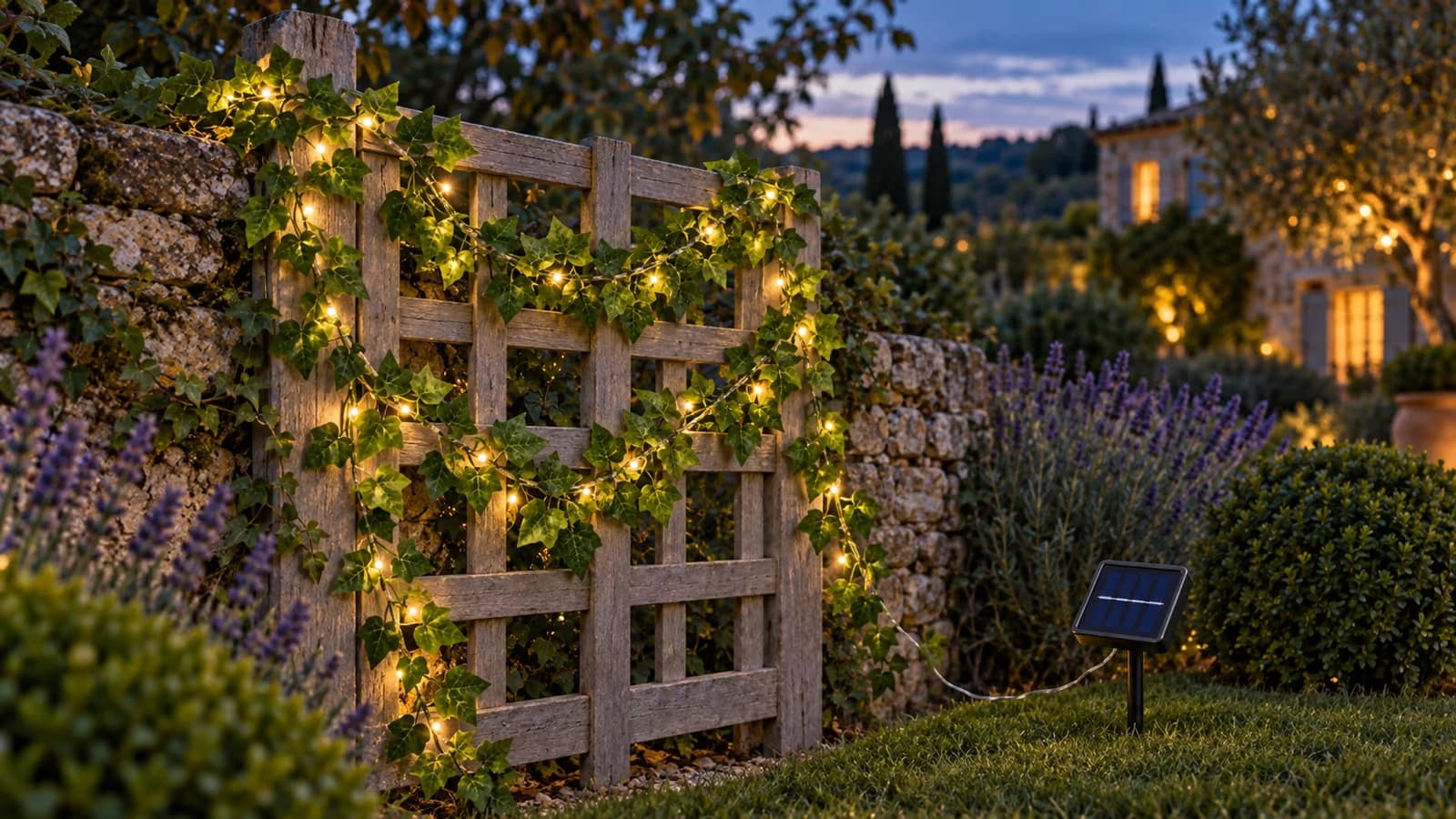 Guirlande de lierre artificiel à LED blanc chaud sur un treillis de jardin, panneau solaire planté dans l'herbe au crépuscule