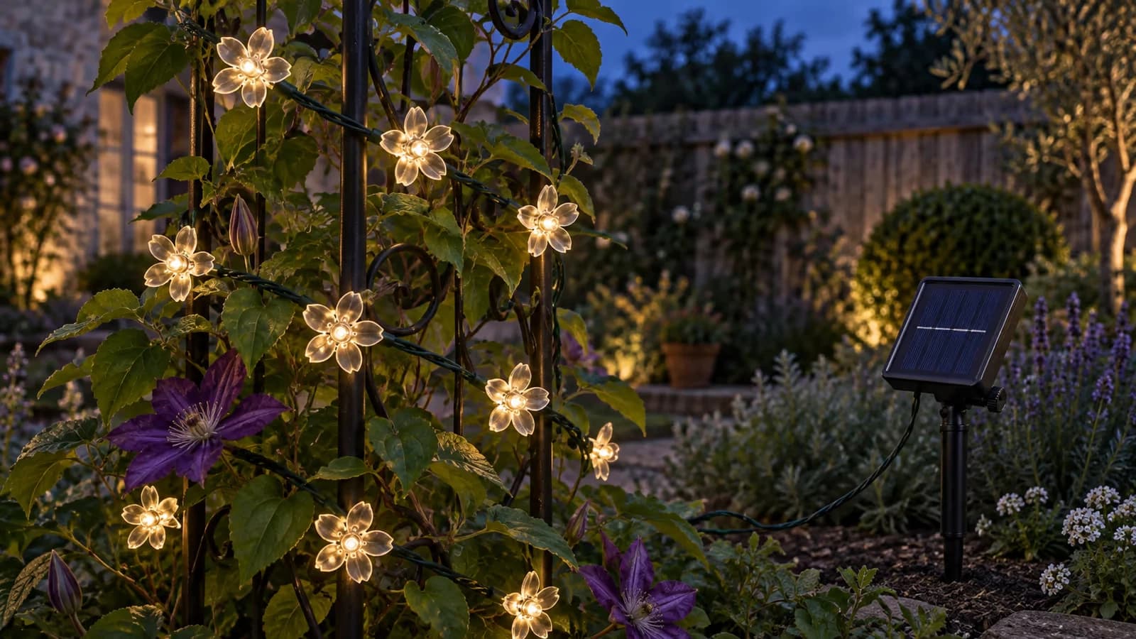 Rameaux de fleurs lumineuses blanc chaud enroulés en spirale lâche autour d'un treillis métallique derrière une jeune plante grimpante, au crépuscule