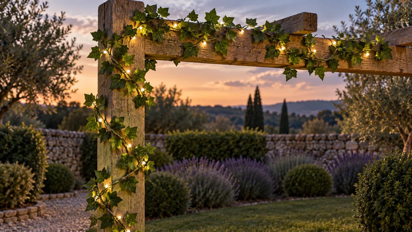 Guirlande de lierre artificiel allumée en blanc chaud enroulée le long de la traverse et d'un poteau d'une pergola en bois, au crépuscule