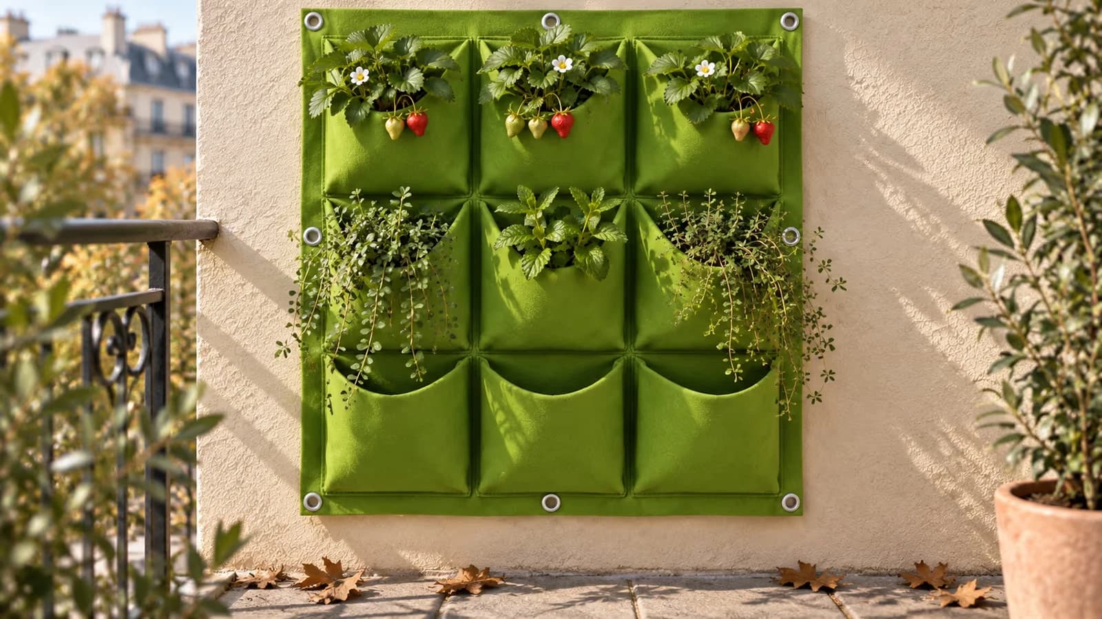 Panneau de feutre à neuf pochettes sur un mur de balcon un matin d'automne, pochettes du bas vidées, feuilles mortes