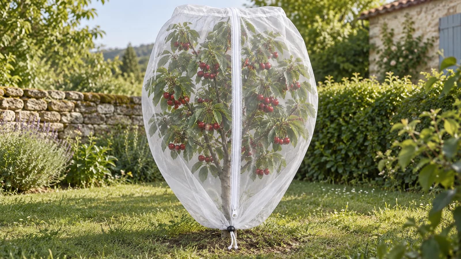 Housse en filet blanc fermée par un zip autour d'un cerisier en fruits, jardin lumineux