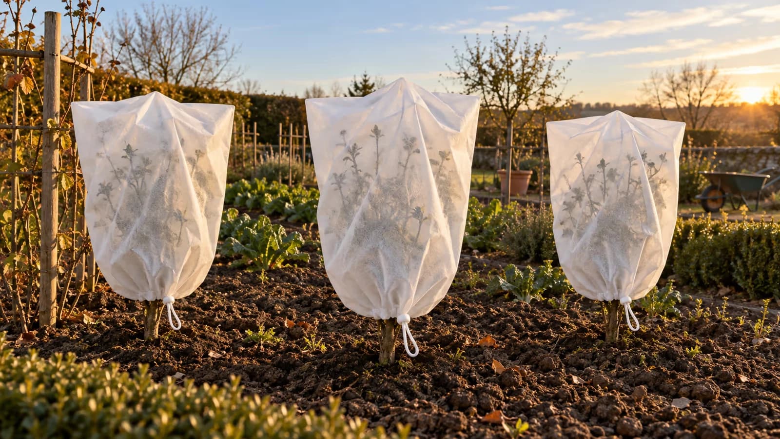 Trois rosiers taillés couverts de housses en non-tissé clair dans un potager, à l'heure où le soleil quitte le jardin