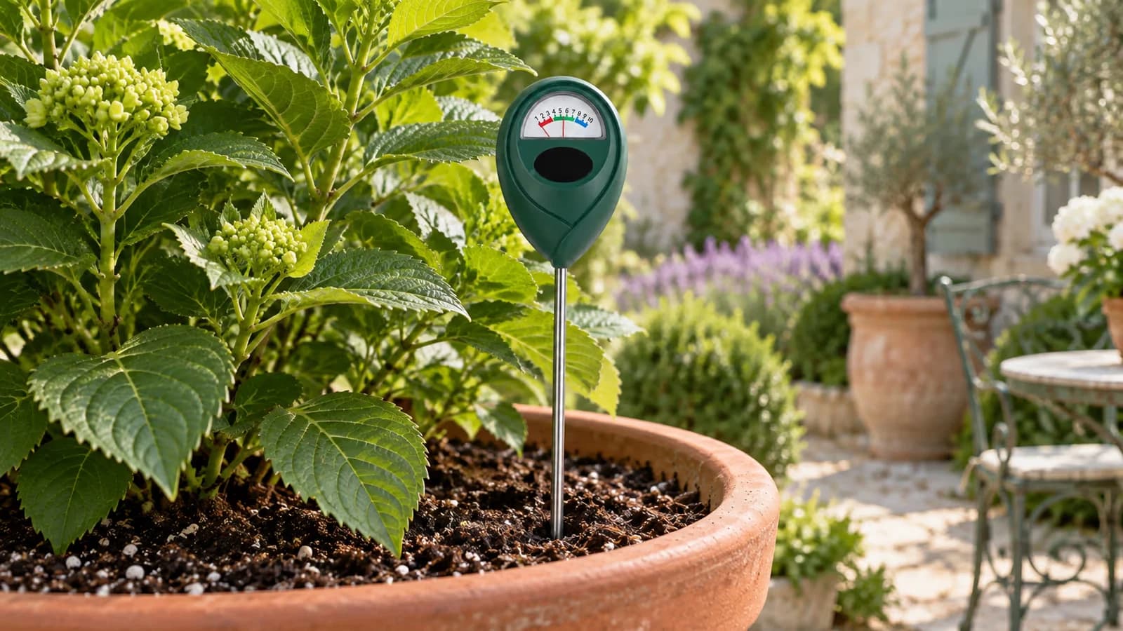 Humidimètre à tige planté dans le terreau d'un pot de plante verte, cadran à aiguille face au lecteur