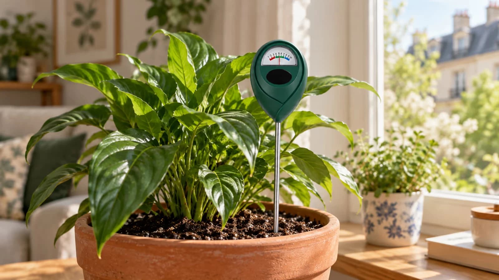 Humidimètre vert à longue tige planté dans le terreau d'un pot de plante verte, cadran à aiguille tourné vers la lumière
