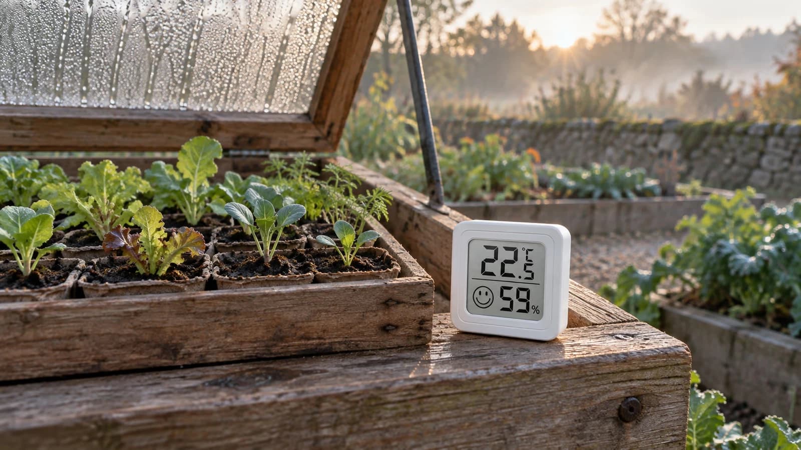 Petit boîtier blanc à écran LCD posé sur un plateau de semis en bois, paroi de châssis couverte de fines gouttelettes derrière