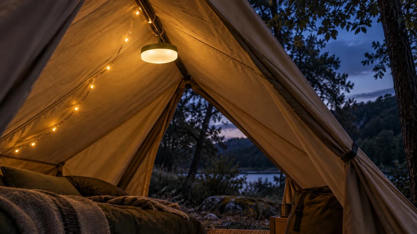 Guirlande lumineuse de camping suspendue dans une tente allumée le soir