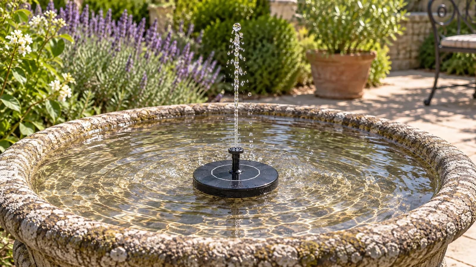 Disque flottant noir de fontaine solaire posé au centre d'une vasque en pierre, fin filet d'eau vertical au soleil