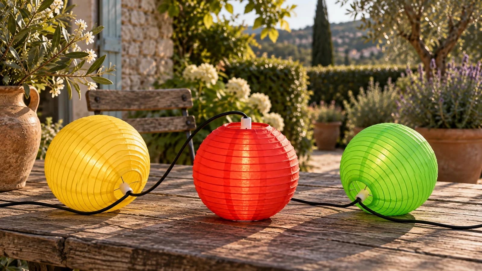 Lanterne de tissu rouge ouverte en train d'être clipsée sur le connecteur d'une guirlande posée sur une table