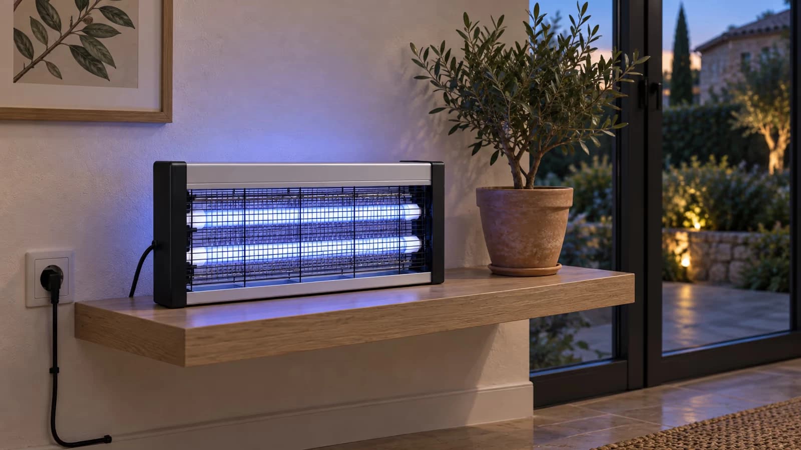 Lampe anti moustique UV posée sur une étagère de véranda, câble noir descendant le long du mur vers une prise, lumière bleutée
