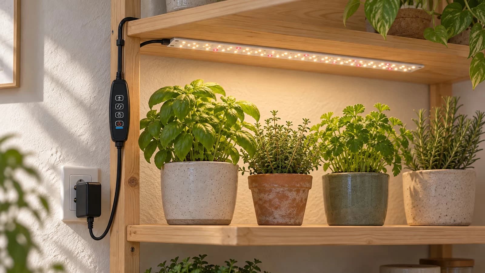 Réglette plate allumée sous la tablette du haut d'une étagère en bois, rangée de petits pots de plantes vertes juste en dessous