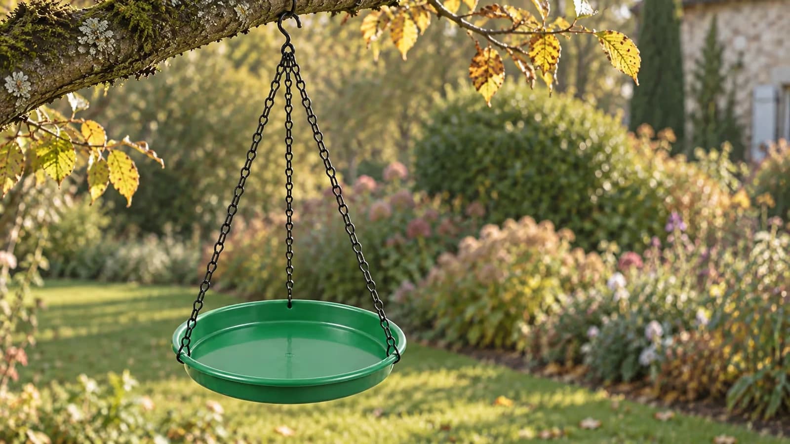 Plateau de mangeoire vert de 22 cm suspendu à une branche d'arbre par trois chaînes noires, jardin d'automne au soleil bas
