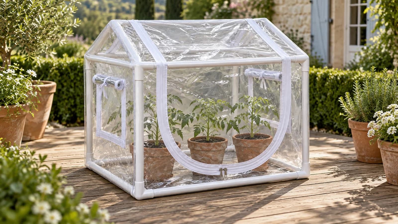 Mini serre transparente de 60 cm posée sur une terrasse, trois pots de plants de tomates à l'intérieur, lumière douce de printemps
