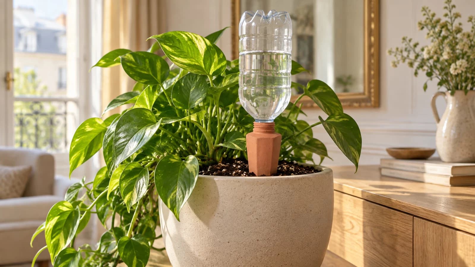 Pique d'arrosage en terre cuite plantée dans un pot de plante verte, bouteille transparente vissée au-dessus du feuillage