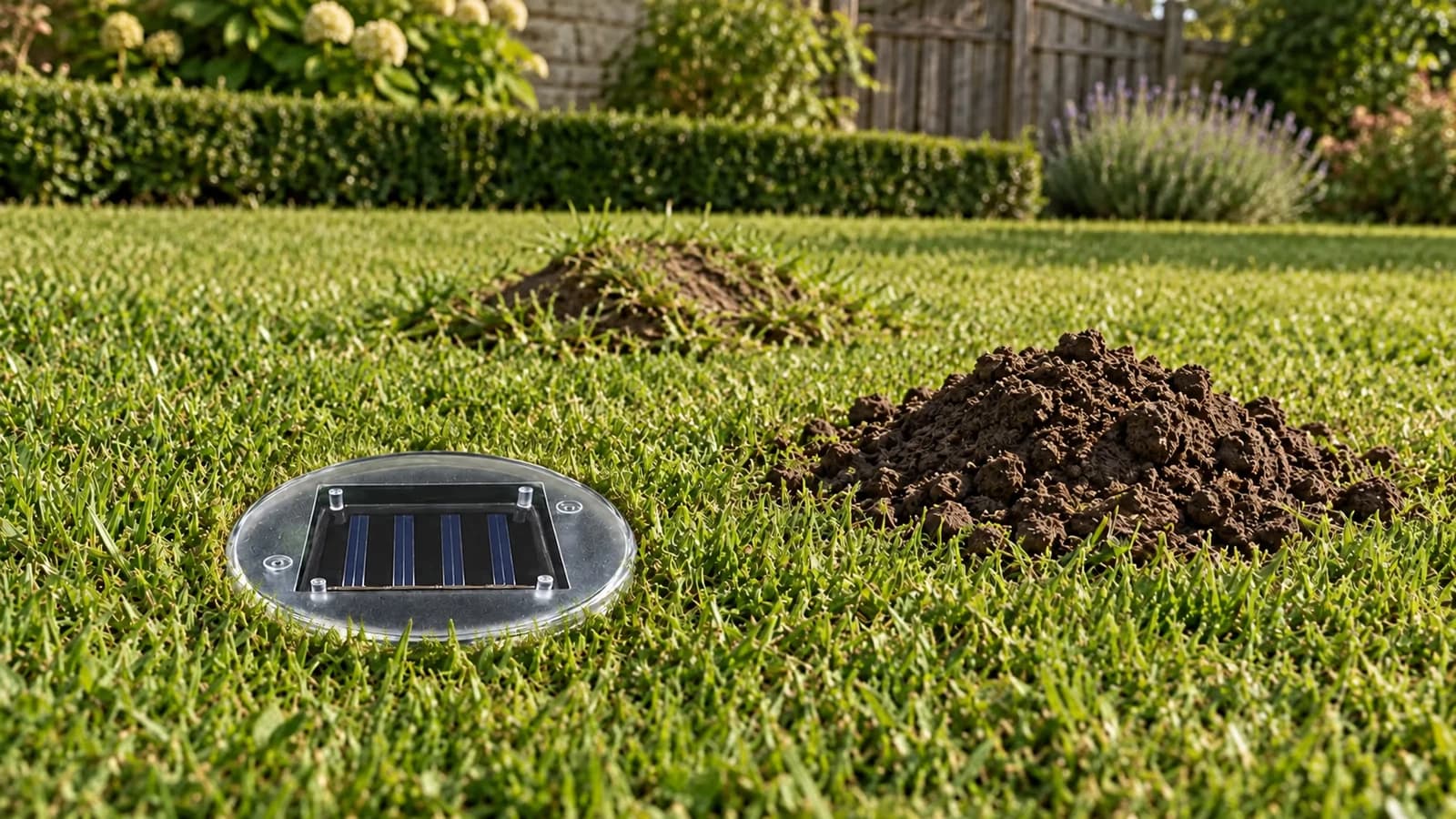 Piquet répulsif ultrason solaire vert et noir planté dans une pelouse rase, tête au ras du gazon, à côté d'une taupinière fraîche en fin de matinée
