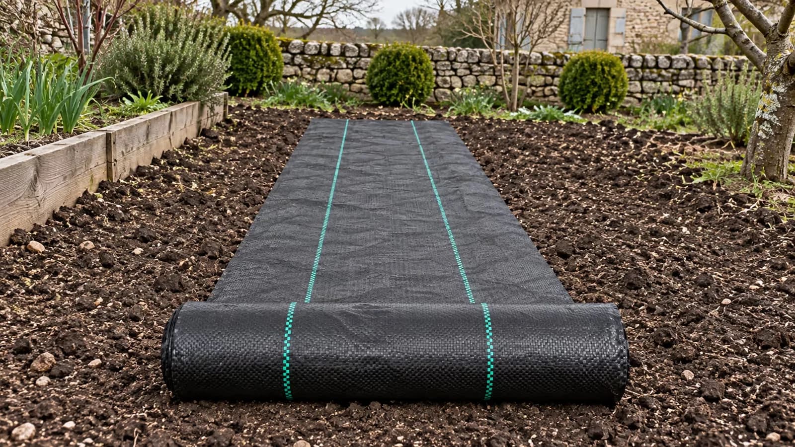 Rouleau de toile de paillage tissée noire déroulé sur une planche de terre nue au jardin au printemps