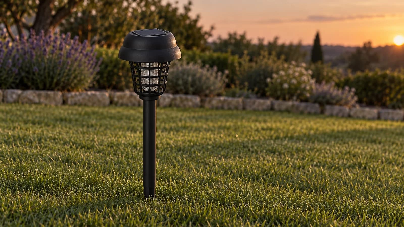 Lampe anti moustique solaire sur piquet plantée dans une pelouse rase au crépuscule, tête noire et cage métallique visibles
