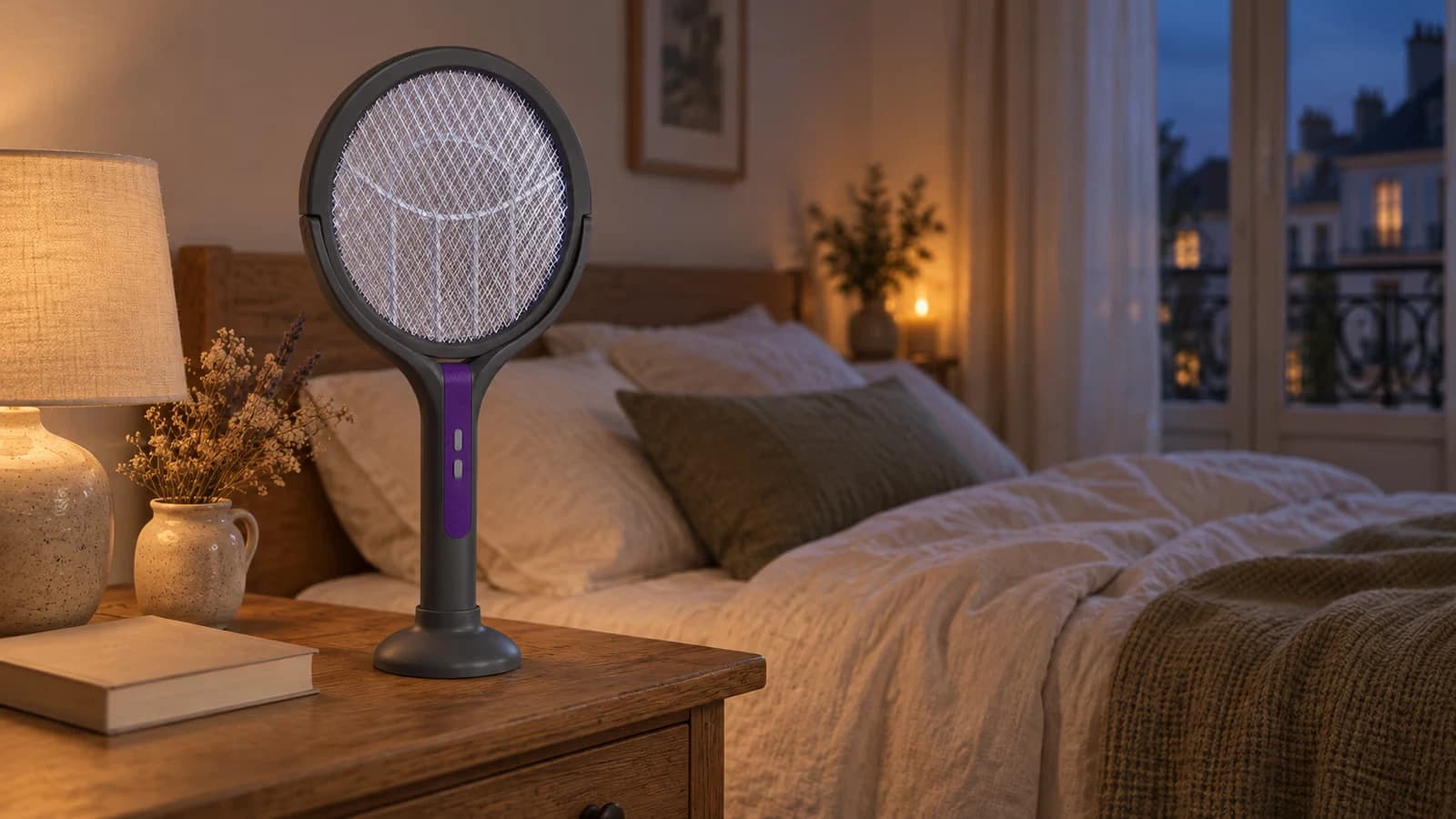 Raquette électrique anti moustique debout sur son socle en mode lampe, posée sur une table de nuit le soir
