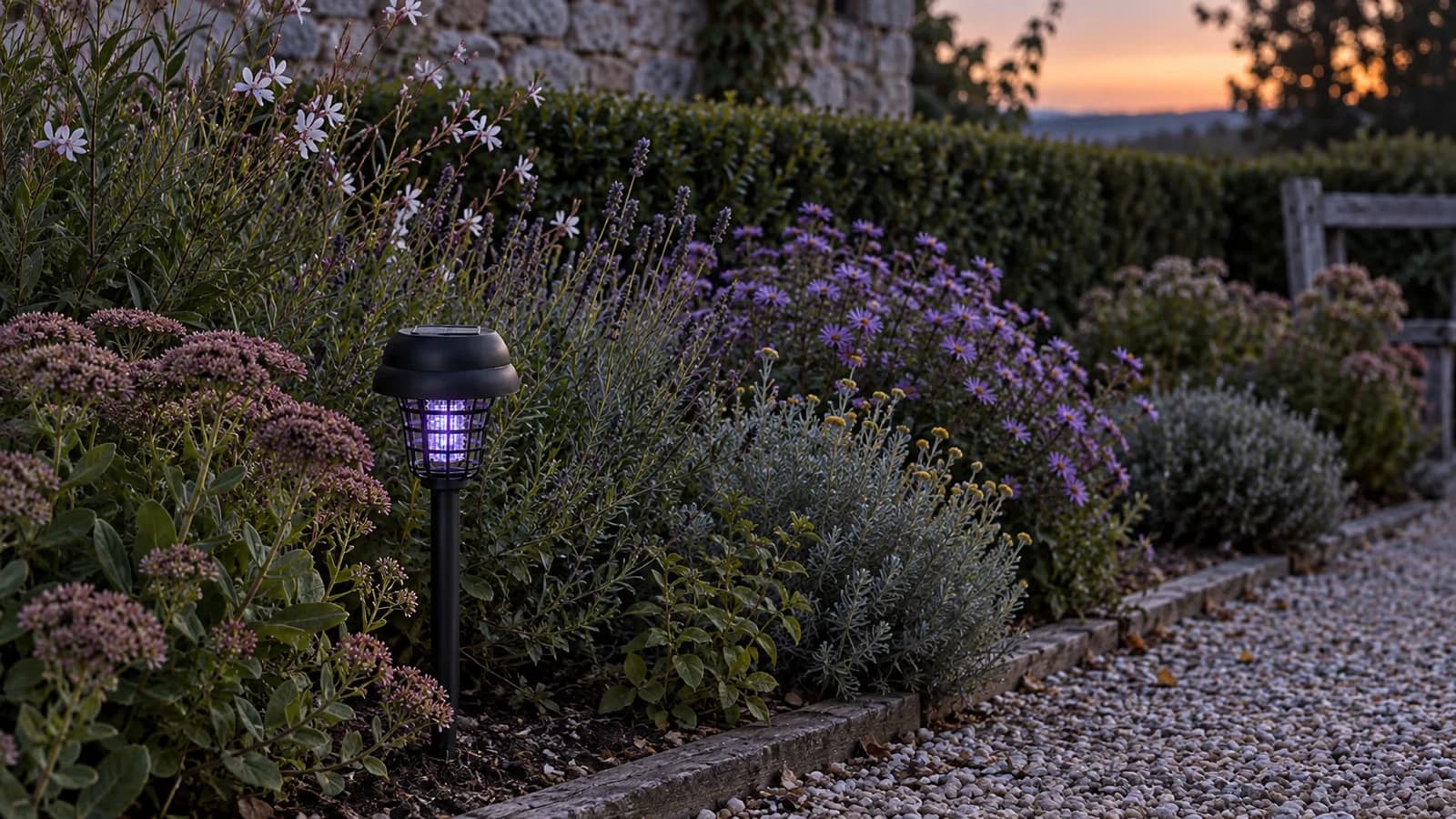 Piquet de lampe anti moustique solaire planté dans une bordure de vivaces au crépuscule, lueur discrète au sommet de la tête noire